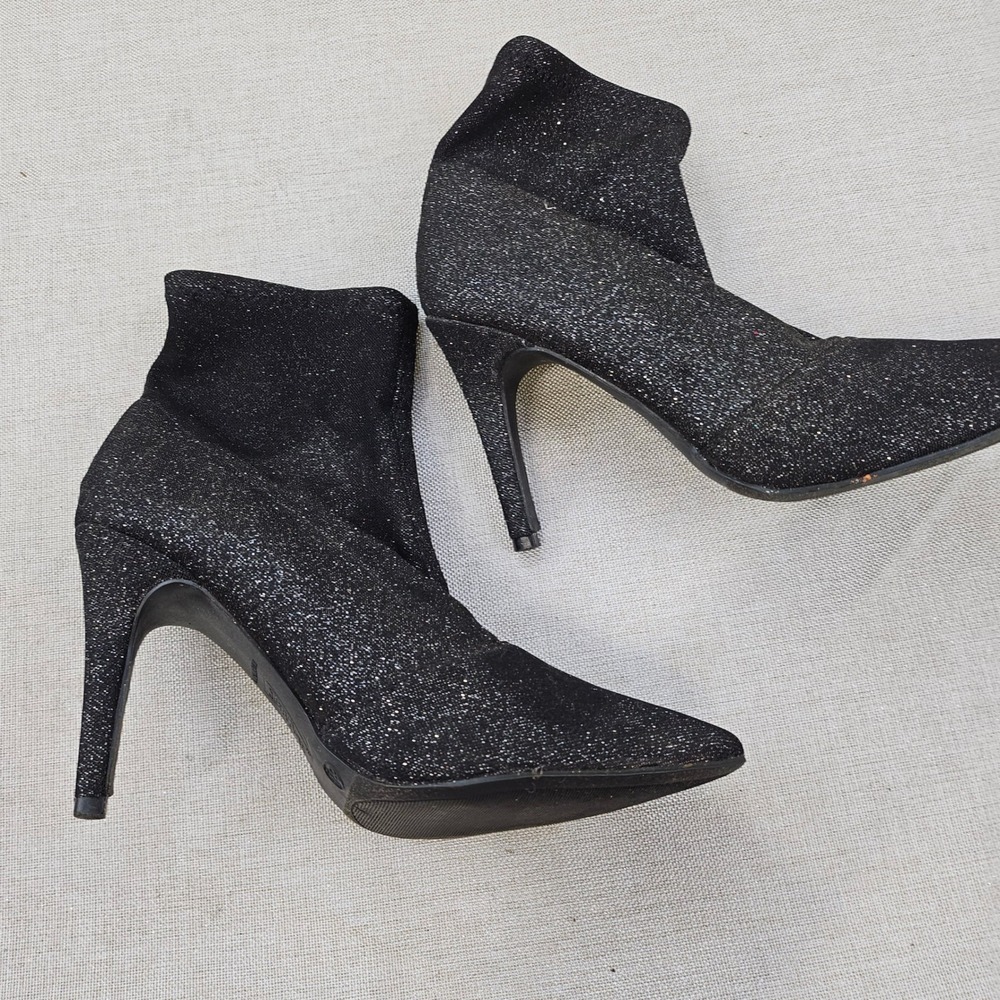 Brash Black Glitter‎ Sparkle Sock Boots Pointed Toe Stiletto Heel Womens 8.5